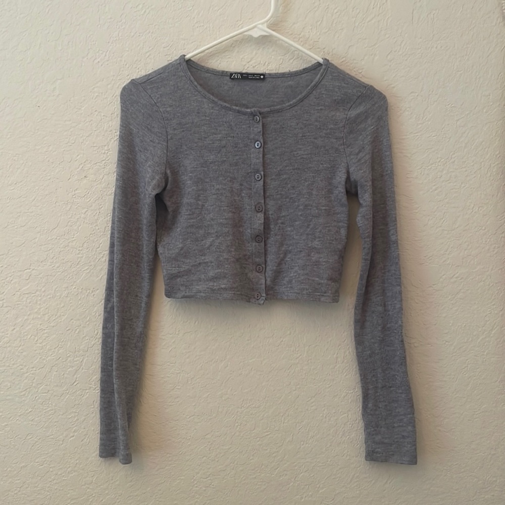 Zara ash blue long sleeve button up crop